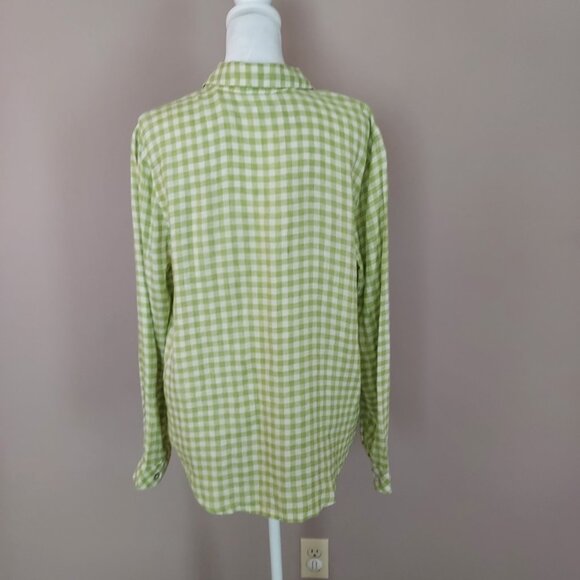 J Jill Love Linen Green White Gingham Popover Blouse Size Med - Picture 2 of 10